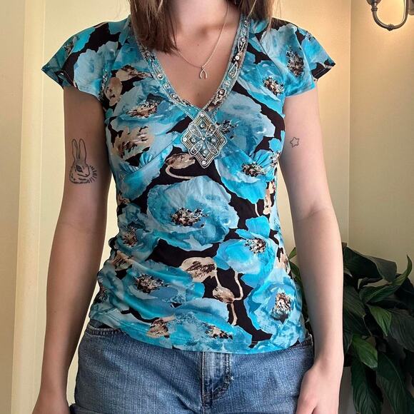 International Concepts vintage blue beaded floral top size medium - Picture 1 of 6
